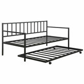 A black metal day bed equipped with wheels, combining functionality and contemporary design for easy relocation.